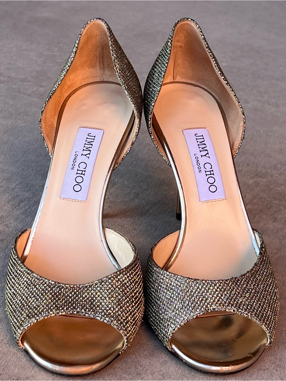 Jimmy Choo Champagne Gold Glitter D’Orsay Peep Toe Evening Pumps Heels 38.5